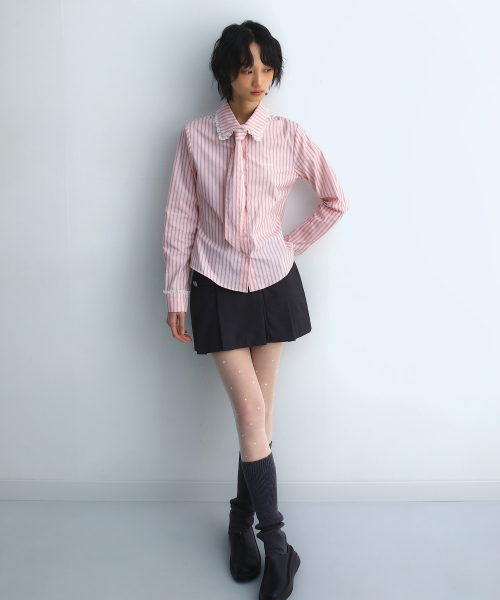 Stripe Lace Tie Shirt Pink