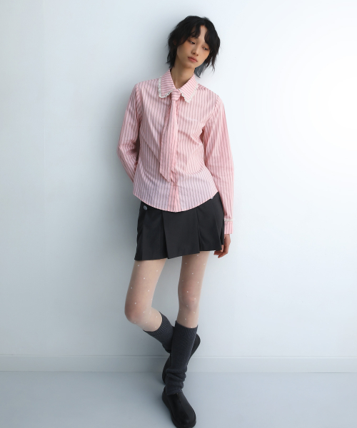 Stripe Lace Tie Shirt Pink