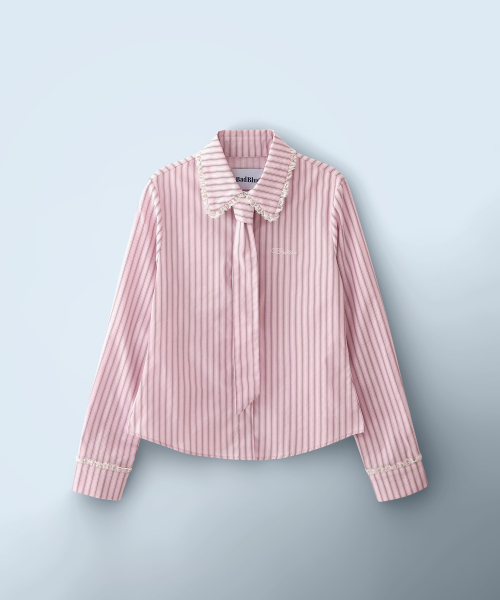 Stripe Lace Tie Shirt Pink