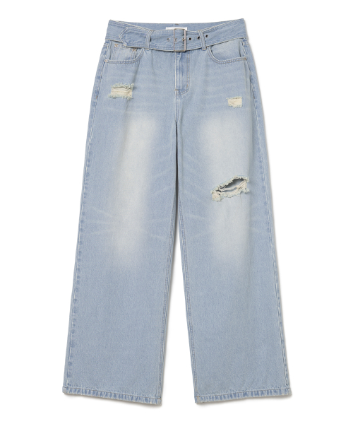 Belted Damage Wide Jeans [Washed Blue]