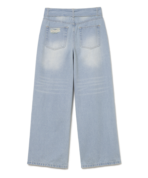Belted Damage Wide Jeans [Washed Blue]
