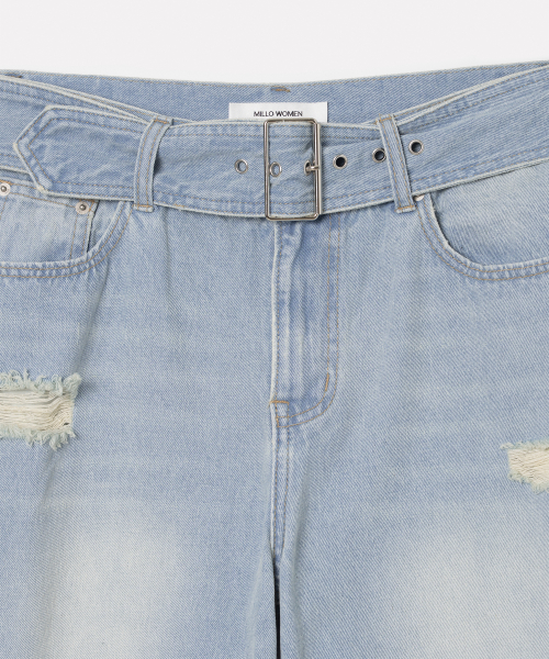 Belted Damage Wide Jeans [Washed Blue]