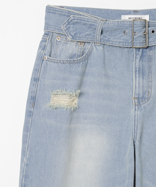 Belted Damage Wide Jeans [Washed Blue]