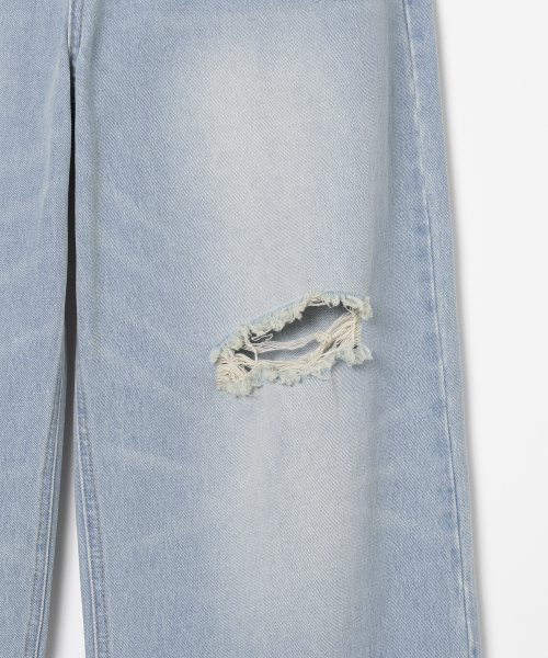 Belted Damage Wide Jeans [Washed Blue]