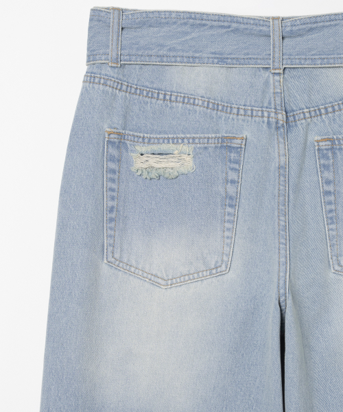 Belted Damage Wide Jeans [Washed Blue]