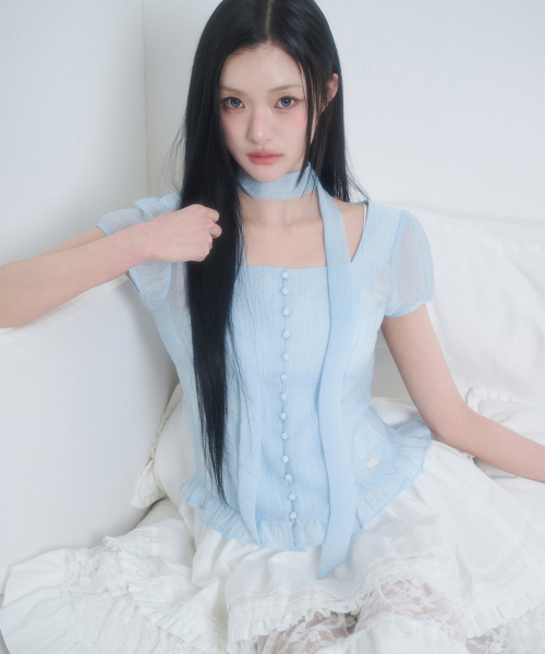 Ribbon Tie Square Neck Blouse Blue