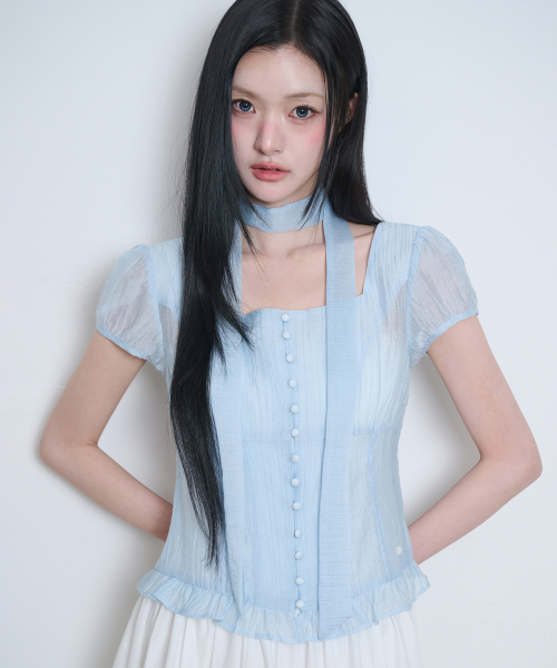 Ribbon Tie Square Neck Blouse Blue