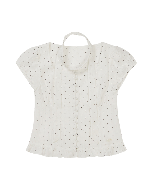Ribbon Tie Square Neck Blouse White Dot