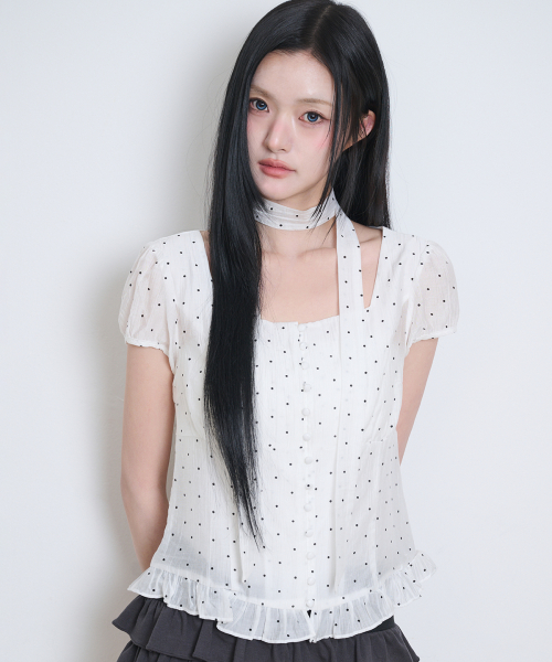 Ribbon Tie Square Neck Blouse White Dot
