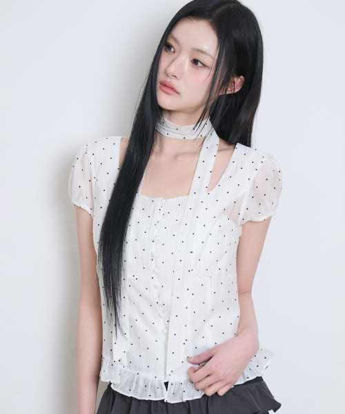 Ribbon Tie Square Neck Blouse White Dot