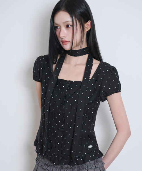 Ribbon Tie Square Neck Blouse Black Dot