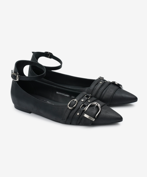 r. 904 four belted steletto flats / black