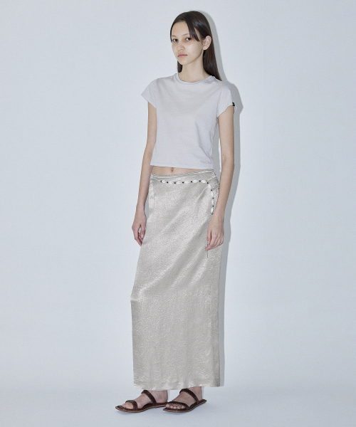 METALLIC SILVER MAXI SKIRT - GREY