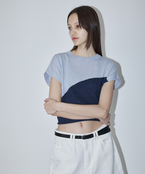 TWO TONE DRAWSTRING KNIT TOP - BLUE