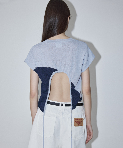TWO TONE DRAWSTRING KNIT TOP - BLUE