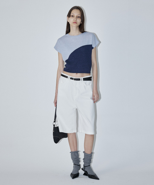 TWO TONE DRAWSTRING KNIT TOP - BLUE