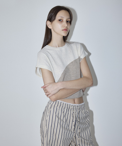 TWO TONE DRAWSTRING KNIT TOP - CREAM