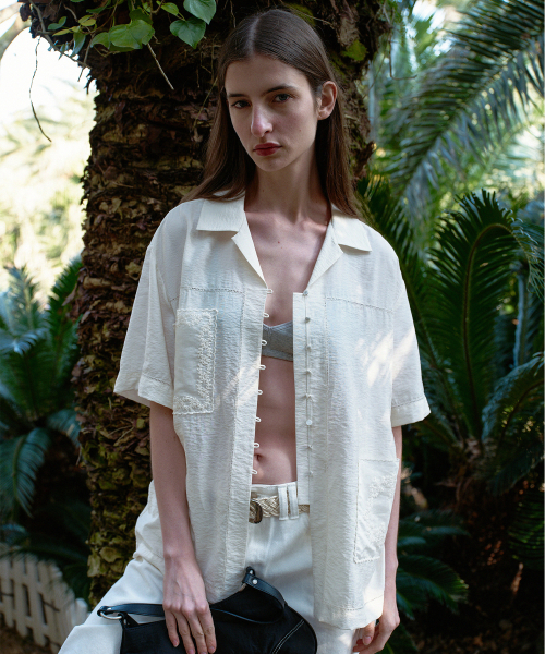 POCKET EMBROIDERY PATCH HALF SLEEVE SHIRT - IVORY