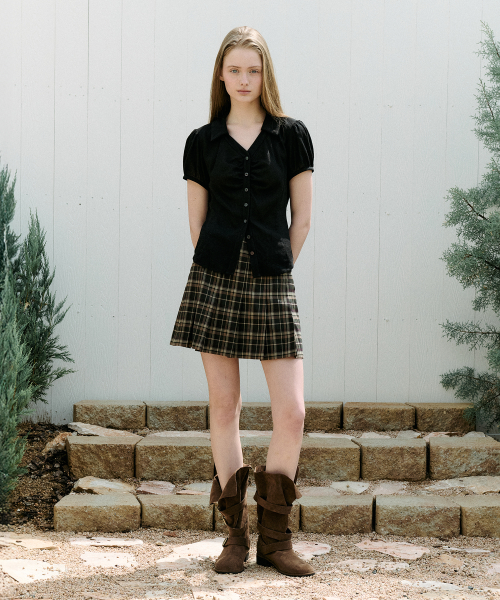 BUCKLE CHECK PLEATS MINI SKIRT GREEN