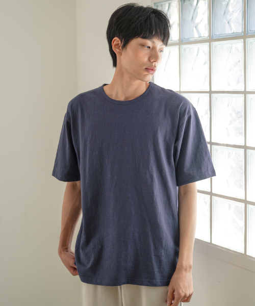 Slub Half U Neck Short Sleeved T Shirt Navy OYST2636