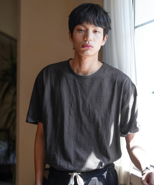 Slub Half U Neck Short Sleeved T Shirt DarkGray OYST2636