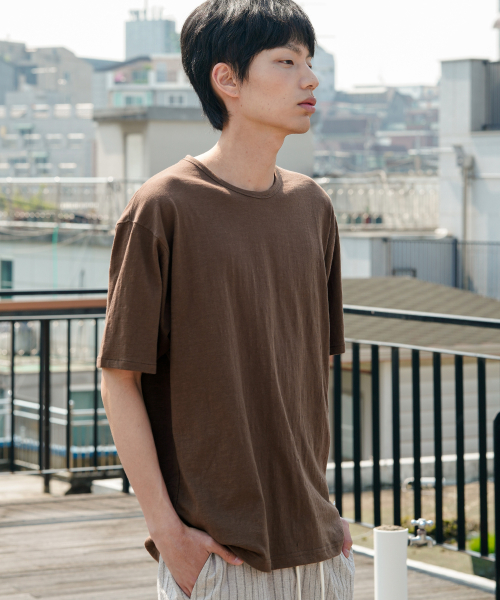 Slub Half U Neck Short Sleeved T Shirt Brown OYST2636