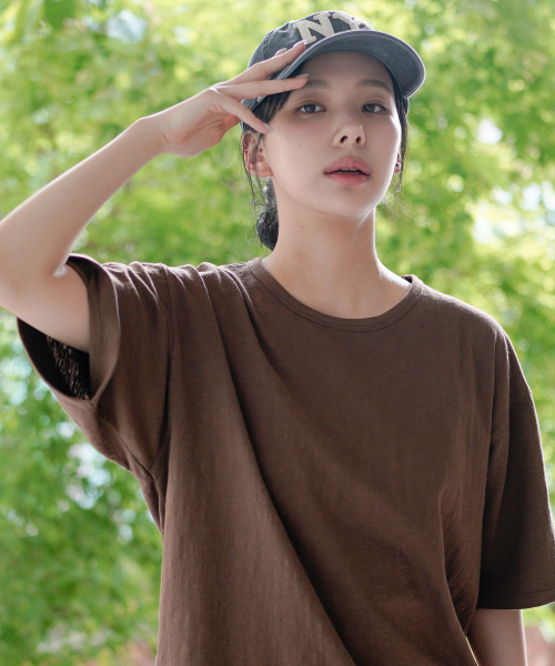Slub Half U Neck Short Sleeved T Shirt Brown OYST2636