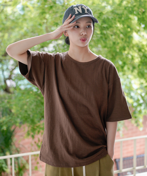 Slub Half U Neck Short Sleeved T Shirt Brown OYST2636