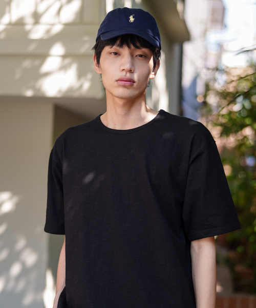 Slub Half U Neck Short Sleeved T Shirt Black OYST2636