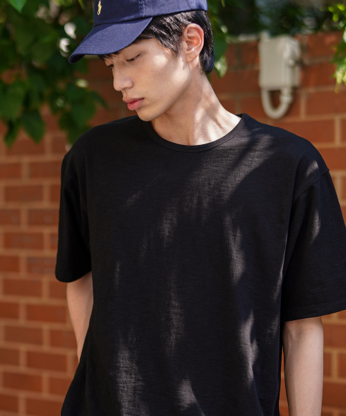 Slub Half U Neck Short Sleeved T Shirt Black OYST2636