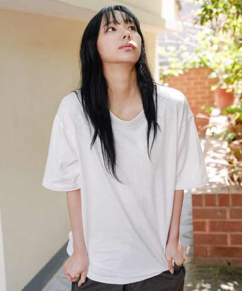 Slub Half U Neck Short Sleeved T Shirt Ivory OYST2636