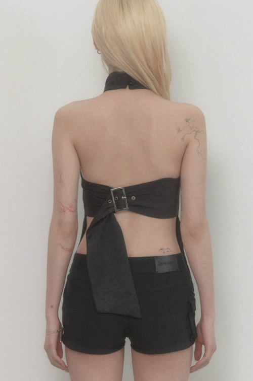 Back Big-belt Halter Top (Black)