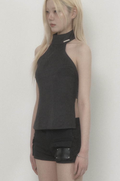 Back Big-belt Halter Top (Black)