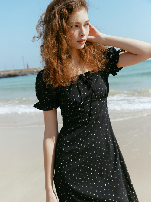 MELANIA puff sleeve dress_BLACK