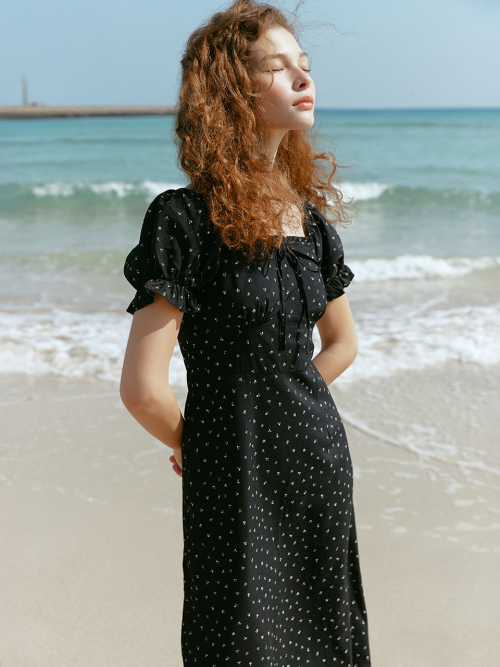 MELANIA puff sleeve dress_BLACK