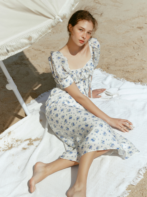 RIONA flower puff sleeve dress_BLUE