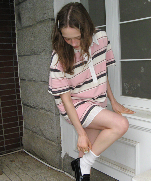 MULTI STRIPE RUGBY SHORT SLEEVE T SHIRT PINK
