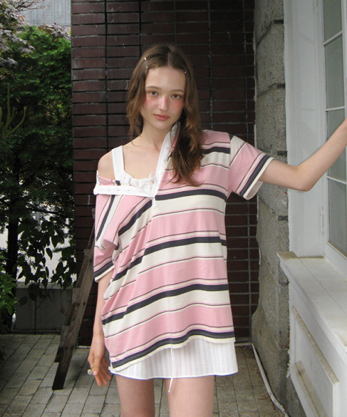 MULTI STRIPE RUGBY SHORT SLEEVE T SHIRT PINK