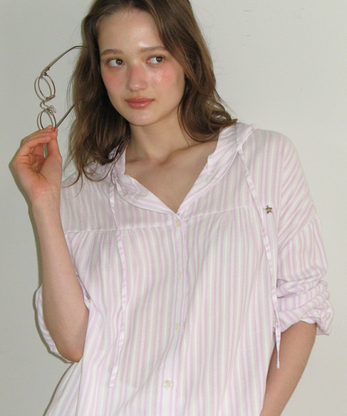 SOFT EYELET HOODED LOOSE FIT BLOUSE PINK STRIPE