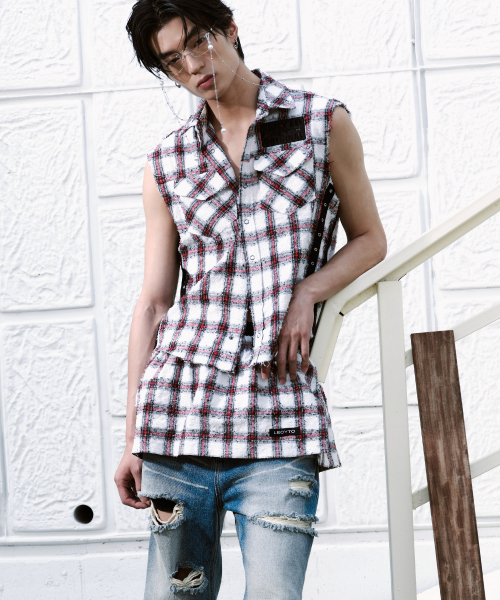Punk Check Vest Shirt_[White]