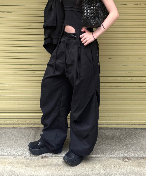 Side Drape Wide Pants - BLACK