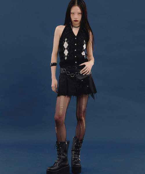 Argyle Linen Knit Halter Top (BLACK)