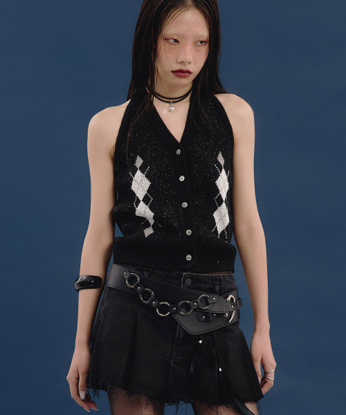 Argyle Linen Knit Halter Top (BLACK)