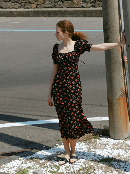 RIONA flower puff sleeve dress_BLACK