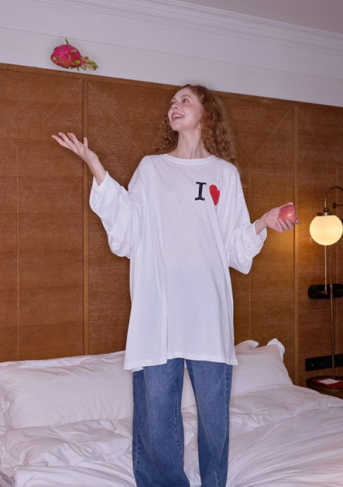 Heart Print Long Tee & Dress /White