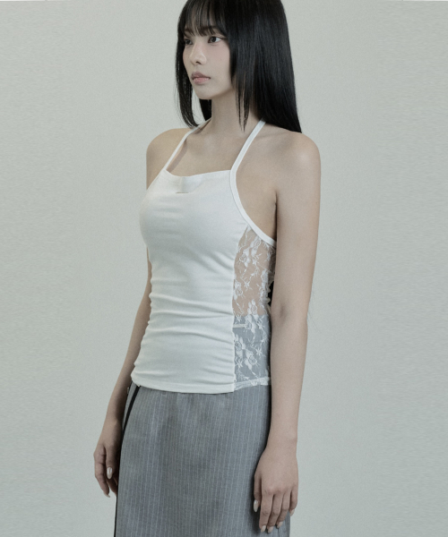 Side Lace Strap Cowl Halter Top (Ivory)