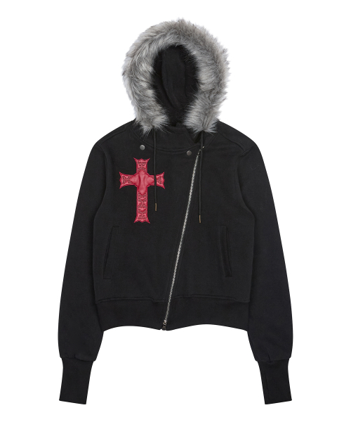 GT FUR UNBALANCE HOOD ZIP UP(BLACK)