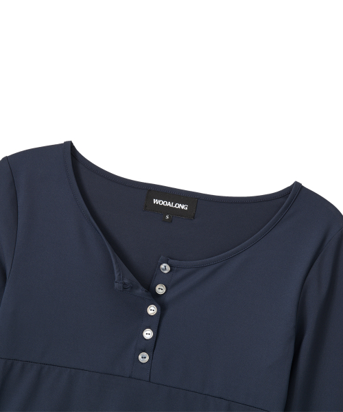 Nylon Buttoned Crop T-shirt [Fabric by ITALY] - NAVY