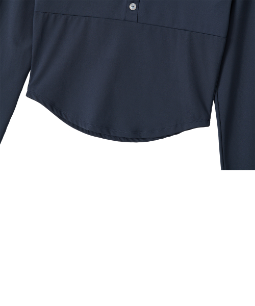 Nylon Buttoned Crop T-shirt [Fabric by ITALY] - NAVY