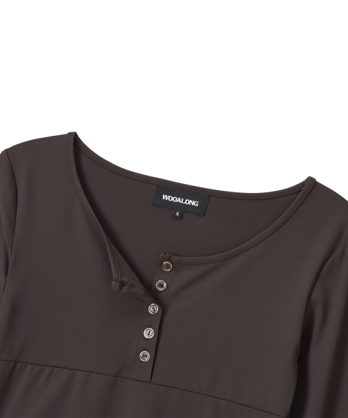 Nylon Buttoned Crop T-shirt [Fabric by ITALY] - BROWN